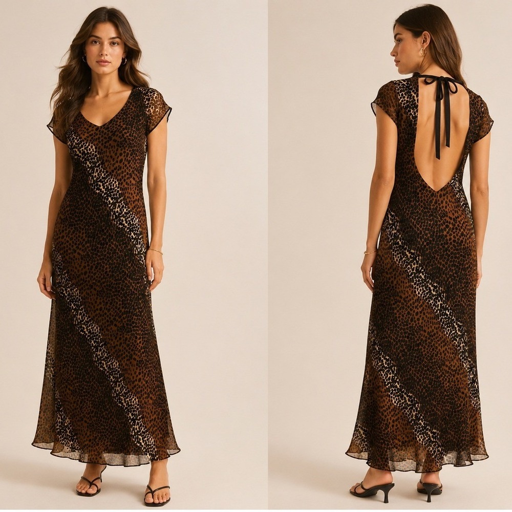 Vintage 90s BAM! Maxi Dress Womens S Brown Chiffon Leopard Open Back Date Party